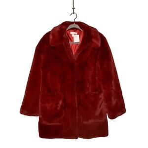TOPSHOP NEW $140 Burgundy Plush Faux Fur Collared Coat Front Pockets US Size 4